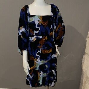 Nine West Abstract Long Sleeve Dress in Blue, Brown, and Black